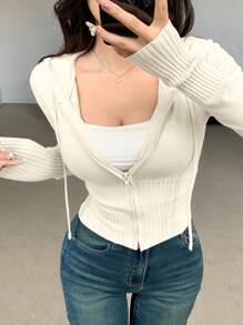 DAZY 1pc Women's Solid Color Fitted Long Sleeve Hooded Zip-Up Cardigan,Fall Women Clothes Jacket