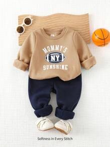 Cozy Pixies 2st Baby Boy Brevtryck Rund Hals Långärmad Sweatshirt Och Elastisk Midja Ankel Lång Byxa Set, Höstkläder - Kaki - Visa 1