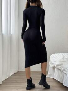 SHEIN EZwear Vestido midi elegante de manga larga de costilla con cuello alto, liso, ajustado, para primavera y otoño, para mujeres