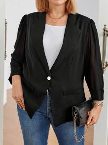 Plus Size Solid Color Front Button Long Sleeve Casual Top And Blazer Jacket Set - Black - View 4