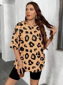 SHEIN LUNE 大码豹纹休闲T恤，感恩节假日款 - 卡其色 - 查看 4