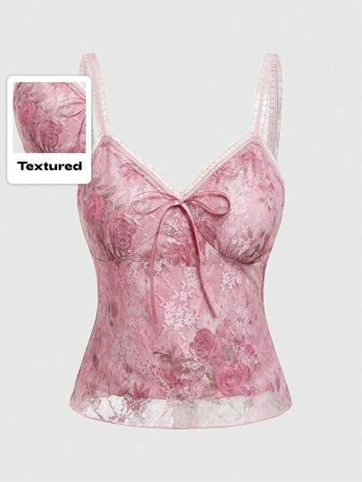 Fairycore Camiseta De Encaje Rosa Con Estampado De Rosa Para Mujer