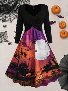 SHEIN Clasi Plus Size Women Halloween Printed Dress - Multicolor - View 1