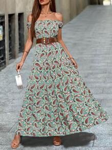 EMERY ROSE 女士夏季度假印花洋裝，露肩短袖長款休閑裙帶印花圖案 - 彩色 - 查看 3