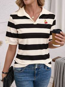 EMERY ROSE Color Block Striped Cherry Printed T-Shirt Graphic Tees Women Tops - Multicolor - View 4