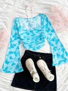 Soleia Women's Vacation Knitted Mesh Red Insect Butterfly Print V-Neck Long Flared Sleeve Fitted Cute T-Shirt - Baby Blue - View 2