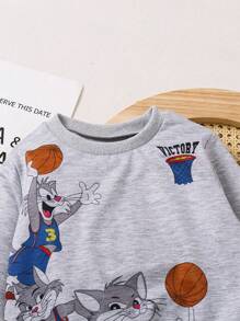 2pcs/Set Young Boys Funny Cartoon Animal & Basketball Graphic Print Sweatshirt & Sweatpants Outfit, Cute Combo Design, Sporty Style, Suitable For Spring, Autumn & Winter Wear - Light Grey - View 3
