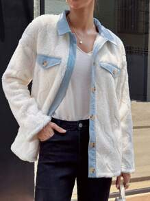 SHEIN LUNE Veste femme à manches longues, en polaire colorbloc, chaude et thermique pour l'automne et l'hiver - Blanc - Voir 3