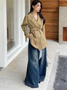 DAZY Solid Color Women Belted Long Sleeve Casual Trench Coat,Fall Clothes Women Jacket - Khaki - View 4