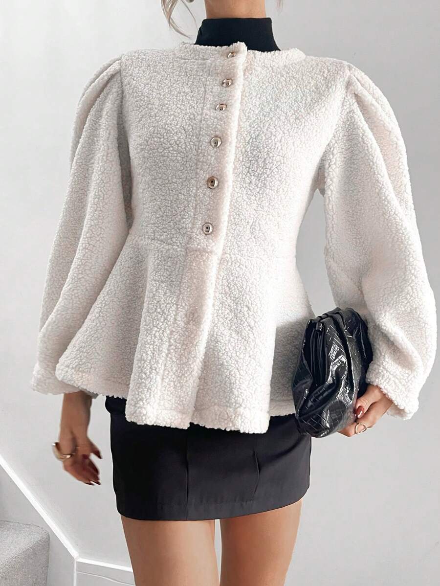 SHEIN Unity 1 件女式纯色可爱荷叶边下摆蓬松加绒加厚夹克,秋冬 - 白色 - 查看 1