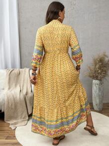 SHEIN VCAY Đầm nữ cỡ lớn họa tiết hoa nhí, bèo nhún, thắt nơ phía trước, tay lửng 3/4, kiểu dáng thường ngày. - Màu vàng - Xem 2