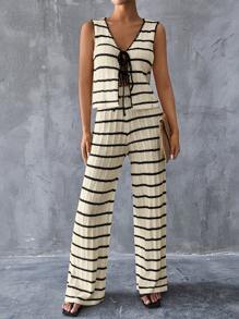 SHEIN Essnce Women's Casual Striped Tie-Front Sweater Vest And Wide Leg Knit Pants 2-Piece Suit, Spring And Autumn - Beige - View 11