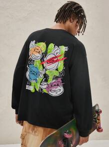 TEENAGE MUTANT NINJA TURTLES | SHEIN Áo thun nam in hình chú rùa hoạt hình và khẩu hiệu, dáng rộng, mùa xuân và thu - màu đen - Xem 1