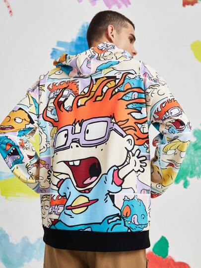 Nick 90s | SHEIN Sudadera con capucha casual de hombre con estampado de personaje de dibujos animados, de manga larga, con bolsillo canguro y cordón, para primavera y otoño