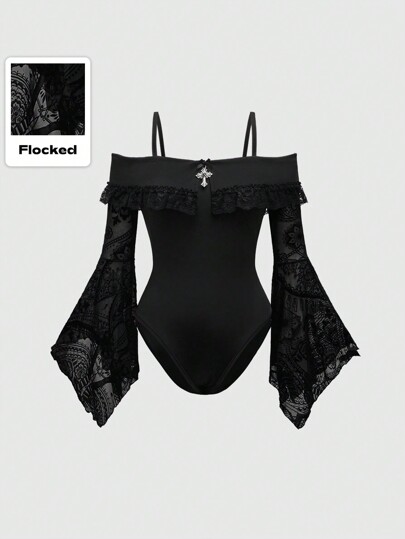 Dark Gothic Metal Cross Off Shoulder Asymmetrical Hem Flocked Bell Sleeve Women Bodysuit For Summer Seaside