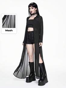 ROMWE Professional Gothic Style Women's See-Through Shirt Dress With Thigh-High Slit - Black - View 1