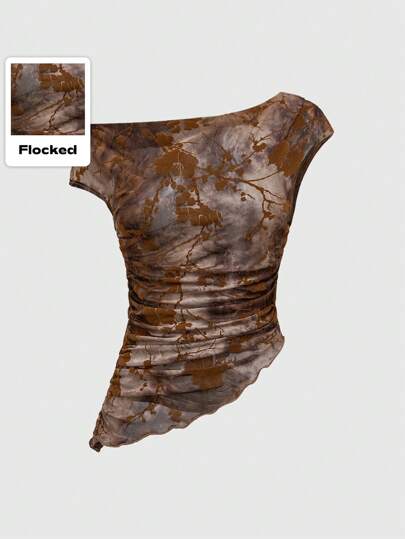 Hippie Vintage Floral Flocked Tie-Dye Women's See-Through Mesh Oblique-Shoulder Waist-Tight Top