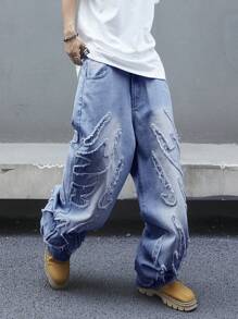 Manfinity EMRG Quần Jeans Ống Rộng Dáng Rộng Có Túi Viền Rách Thường Ngày Cho Nam - Rửa trung bình - Xem 5