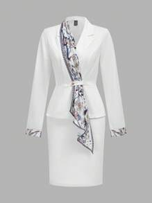 TaskEZ 女士花卉印花领长袖衬衫和铅笔裙办公室套装 - 白色 - 查看 3