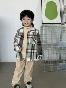 男孩经典格子纽扣前衬衫夹克，带口袋，适合秋季过渡季节、秋冬季分层穿着、学校或日常休闲穿着 - 彩色 - 查看 4