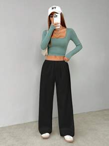 SHEIN PETITE Soft White Knitted Home Pants, Loose Pants - Black - View 3