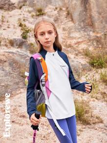 SHEIN Outdoor Casual Color Block Half Zip Stand Collar Long Sleeve Comfy T-Shirt Top For Tween Girls, Suitable For Outdoor Activities, Everyday Casual, Sports & Street Style