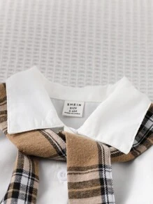 2pcs Baby Boy Solid Color Lapel Collar Long Sleeve Cardigan Shirt And Plaid Tapered Leg Pants Preppy Outfit
