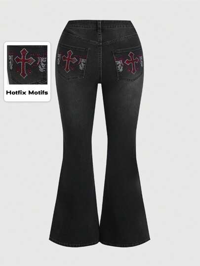 Grunge Punk Jeans acampanados con bordado cruzado para mujeres de talla grande, escolar
