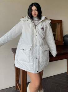 Flirla Plus Size Thermal White And Black Colorblock Fluffy Button Hooded Casual Padded Padded Coat Clothes Winter - White - View 5