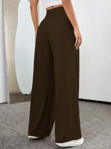 Flirla Casual Solid Color Wide Leg Pants - Coffee Brown - View 2