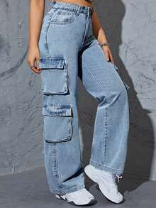 大码女款 Y2K 街头风多口袋直筒男友风牛仔裤