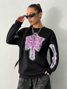 SHEIN Unity Sudadera holgada con estampado de esqueleto para otoño - Negro - Ver 5