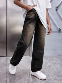 SHEIN Tween Boys' Casual Vintage Washed Loose Straight Leg Blue Jeans For Spring And Summer - Black - View 1