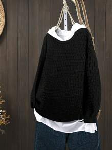 SHEIN Unity Loose Fit Geometric Knitted Sweater For Women, Long Sleeve Pullover, Fall Winter - Black - View 1