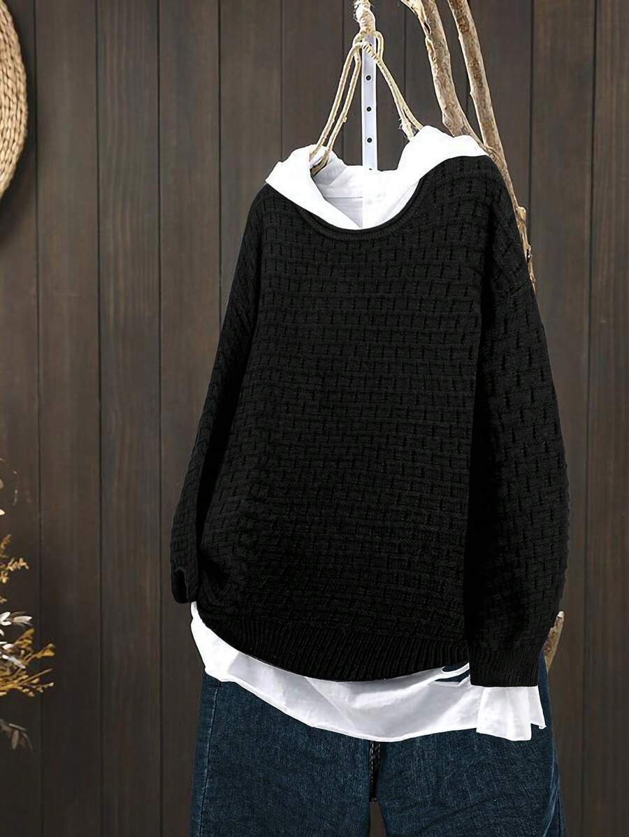 SHEIN Unity Loose Fit Geometric Knitted Sweater For Women, Long Sleeve Pullover, Fall Winter - Black - View 1