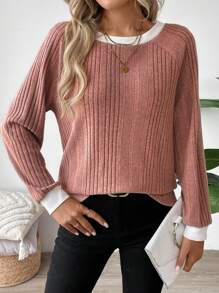 SHEIN LUNE 2024 Otoño Invierno Mujer Nuevo Jersey de cuello redondo color vino caliente