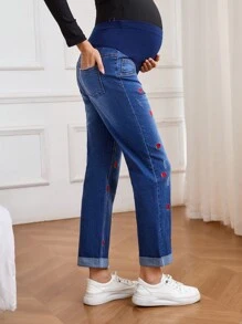 SHEIN Umstandsmode Jeans mit Kontrast-Farbpatchwork, Erdbeerstickerei und Rissen - Mittele Waschung - Übersicht 2