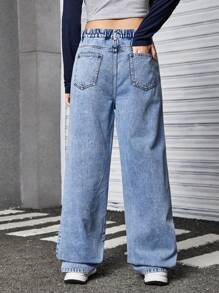 SHEIN Explorewe Teen Girl Ripped Graphic Print Straight Loose Fit Denim Jeans - Light Wash - View 2