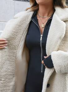 RueChic Casual Style, Faux Fur, Double Button Detailed Overcoat - Beige - View 5