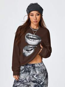 SHEIN EZwear Oversized Women's Vintage Black Lips Print Y2K Style Casual Round Neck Sweatshirt - Coffee Brown - View 2