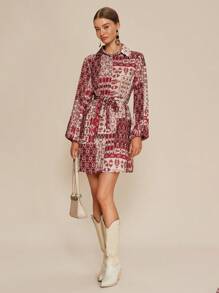 Almamuse Women Allover Print Belted Button Front Long Sleeve Dress