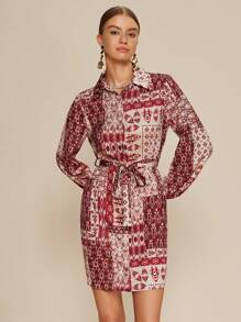 Almamuse Women Allover Print Belted Button Front Long Sleeve Dress