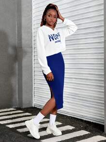 2 件套青少年女孩字母印花长袖 V 领运动衫和修身连衣裙套装 - 寶藍色 - 查看 3