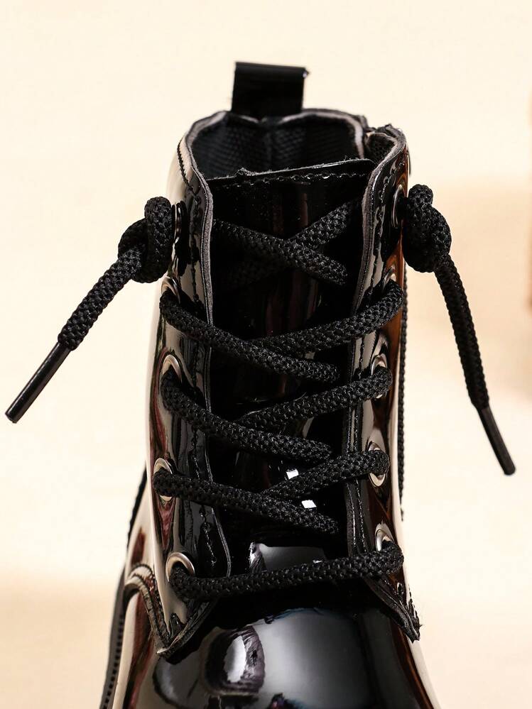 1 Pair Solid Color Patent Leather Shoelace Style Comfortable Fashion Versatile Durable Daily Boots For Kids - Black - View 6