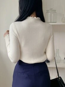 DAZY Áo len dài tay cổ cao bo gấu màu trơn lót nhiệt cho nữ, thời trang thu/đông - trắng - Xem 2