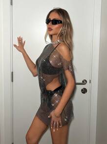 SHEIN Unity Sexy Elastic Mesh Rhinestones Sheer Mini Dress
