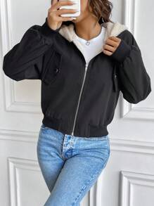 Chiquease Women's Solid Color Long Sleeve Zipper Collared Thermal Lined Hooded Casual Jacket, Autumn Winter Fall Cloth For Women - Black - View 4