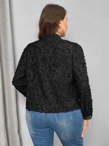 SHEIN Privé Blus Wanita Lengan Panjang Ukuran Besar Elegan dengan Detail Renda dan Potongan Longgar, Terbuat dari Kain Bertekstur, Cocok untuk Kerja & Pakaian Sehari-hari - Hitam - View 2