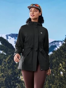 In My Nature 女士植物印花抽绳腰长袖连帽休闲雨衣夹克 - 黑色 - 查看 9