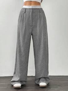 SHEIN EZwear Grey Woven Women's Striped Wide-Leg Pants - Grey - View 6